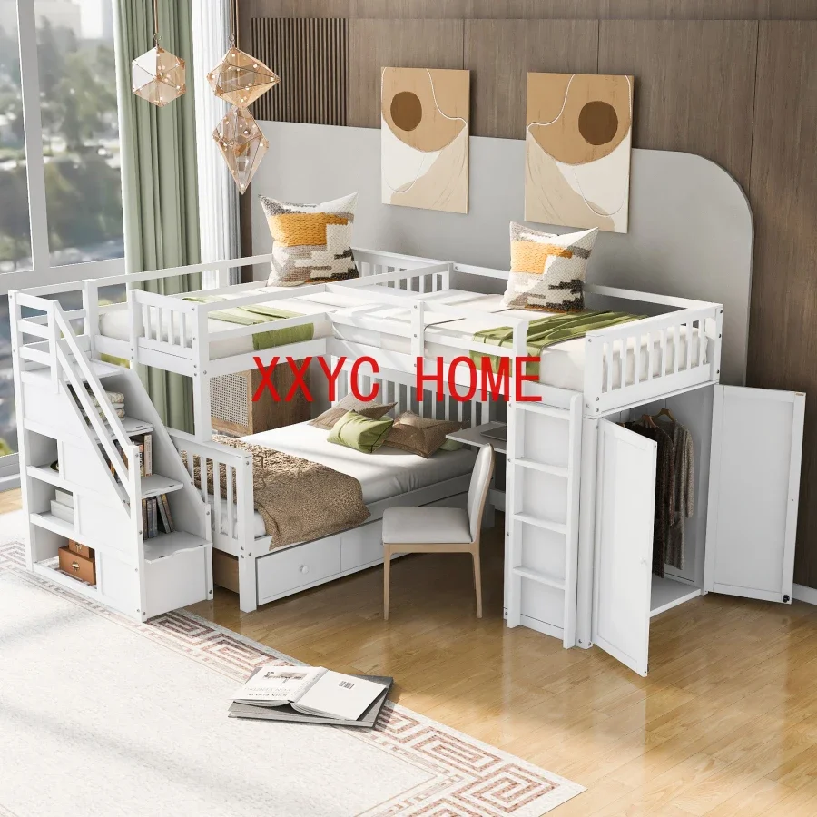 Twin-Twin over Full L-Shaped Bunk Bed With 3 Drawers, Portable Desk and Wardrobe, Maximized space, Health and Comfort