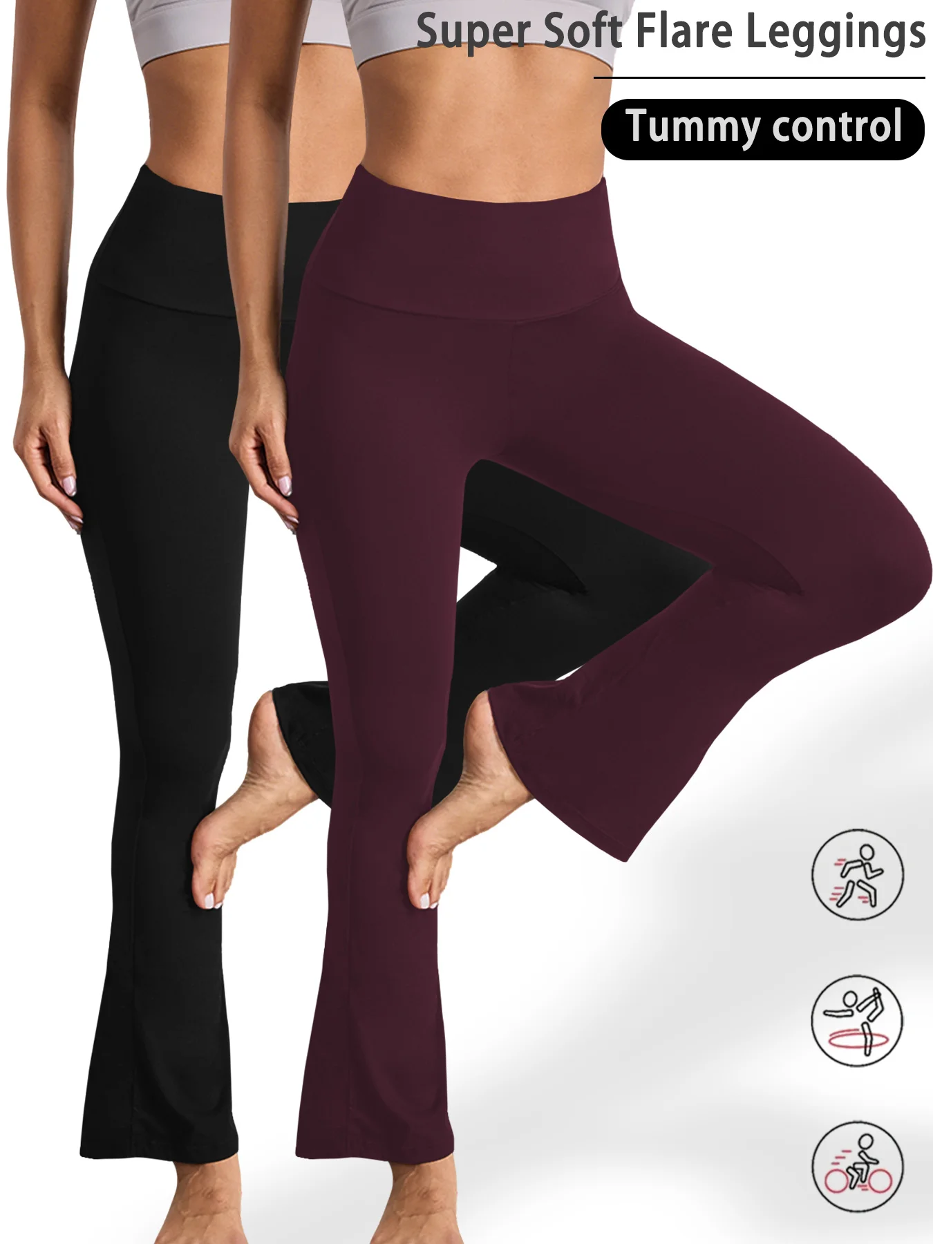 عبوة من قطعتين من سراويل اليوغا النسائية فائقة النعومة المضيئة عالية الخصر للتحكم في البطن والتمارين الرياضية واليوجا وجزء سفلي من الجرس