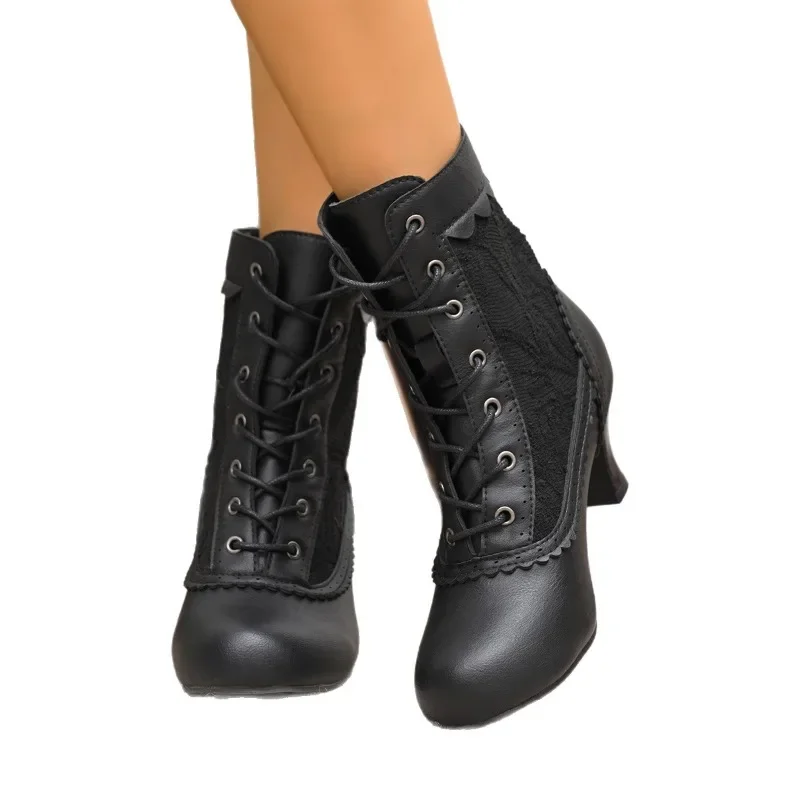 British Style High Heels Women's Mid-calf Boots Retro Lace Splicing Coarse Heel Knee Length Boots Lace Up Large Size Lady Shoes