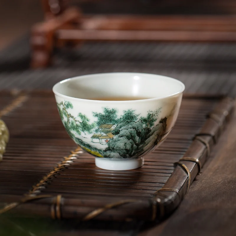 Bamboo Kiln Jingdezhen Tea Set Blue and Whitelandscape Master Cup Tea Cup Underglaze Color Craft