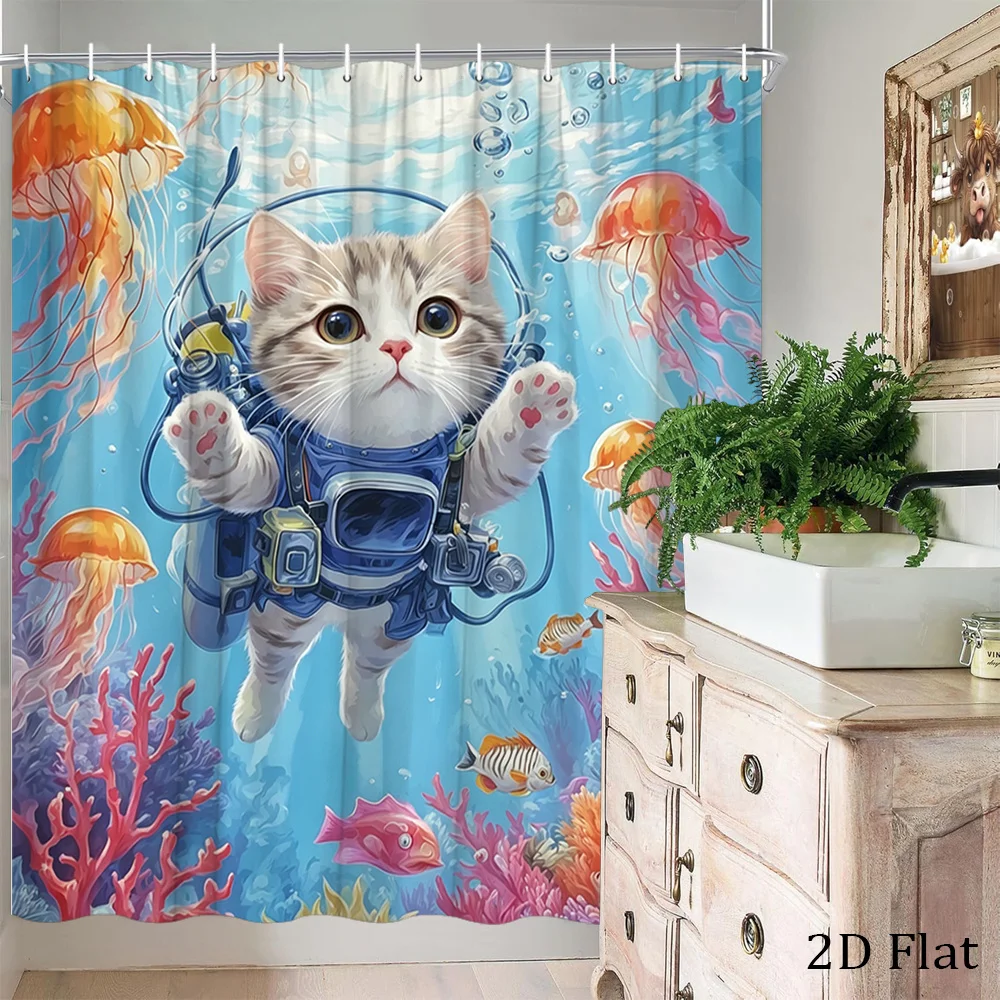 Cute Cat Underwater Ocean Shower Curtain Bath Decor Tropical Marine Life Coral Jellyfish Polyester Waterproof Curtain Panel