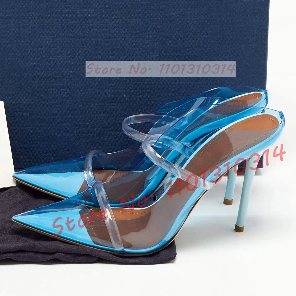 Double Straps Nude Pvc Mules Women Elegant Pointed Toe Thin High Heels Clear Shoes Ladies Luxury Two Tone Waves Outline Slippers