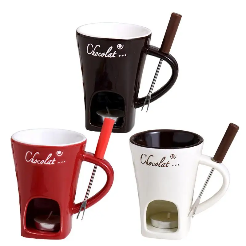 New Chocolate Fondue Cup European Candle Cup Ceramic Mug Heating Food Cheese Creative Coffee Mug With Fork Christmas Party Gift