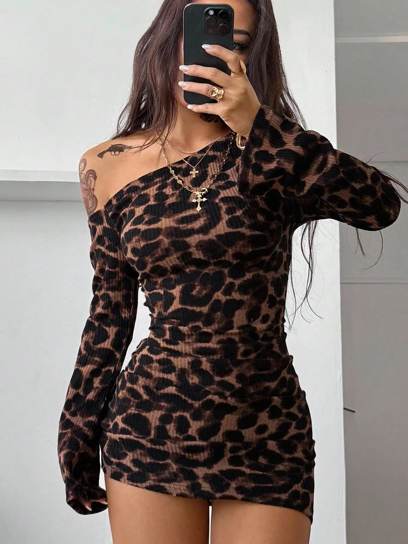 

Women's Leopard Print Ribbed Knit Asymmetrical Off-Shoulder Mini Dress