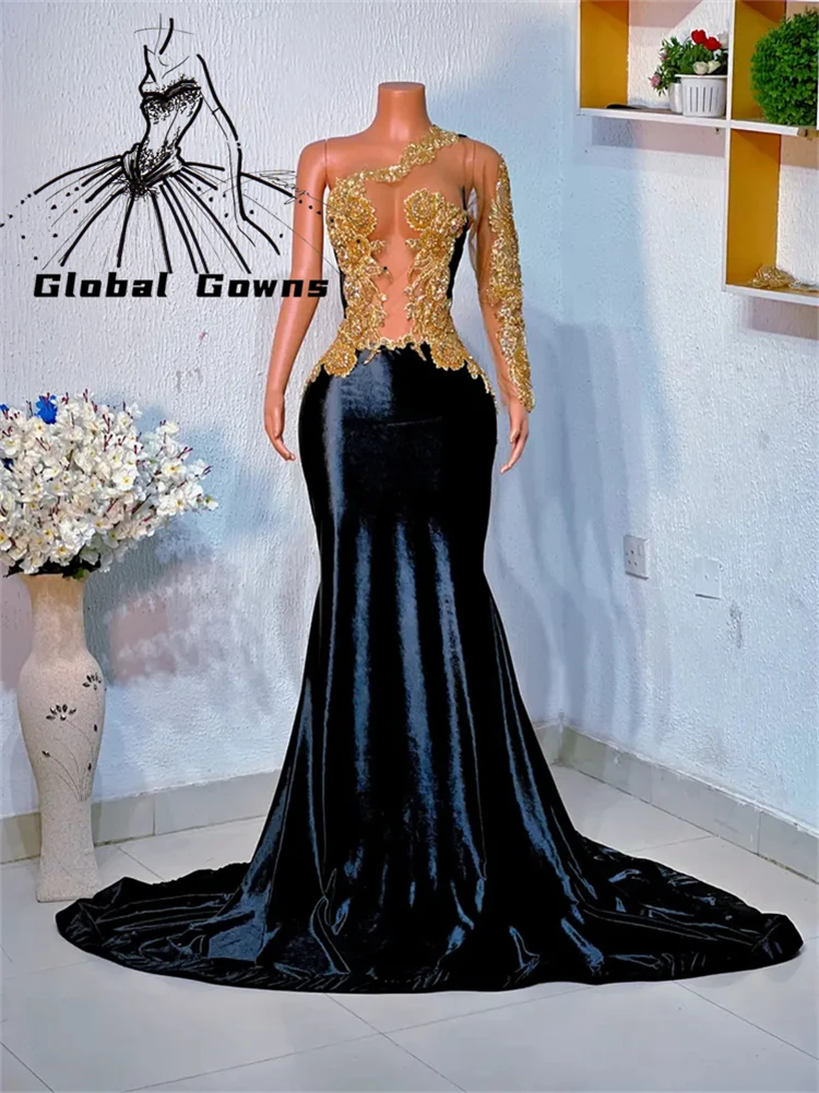 

Black Bead Crystal Long Prom Dresses Appliques Evening Dresses Women Elegant One Shoulder For Black Girls Formal Gown Customized