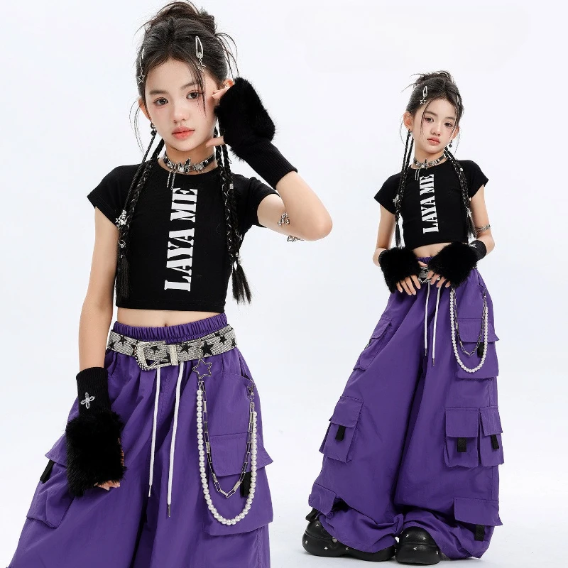 

Jazz Dance Outfit for Girls Hip Hop Performance Costume Cool K-Pop Stage Wear Fashion Black Top Purple Pants Street Dance Sets