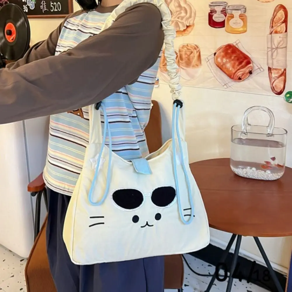 

New Design Y2k Kitty Embroidery Bag Large Capacity Korean Style Nylon Lightweight Bag Pleated Drawstring Crossbody Shoulder Bag