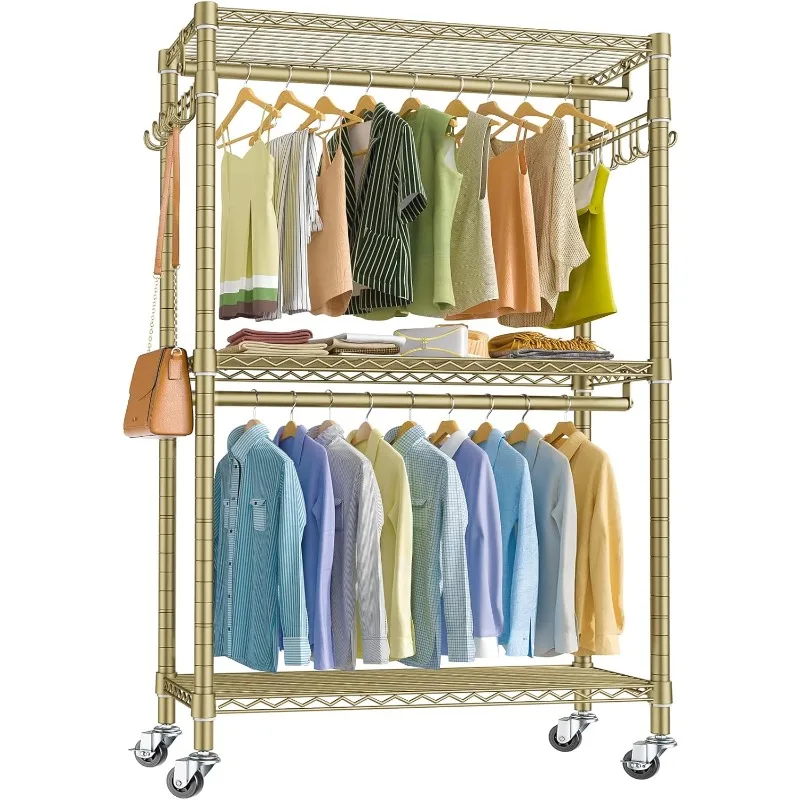 

V12 Heavy Duty Rolling Garment Rack 3 Tiers Adjustable Wire Shelving Clothes Rack with Double Rods and Side Hooks