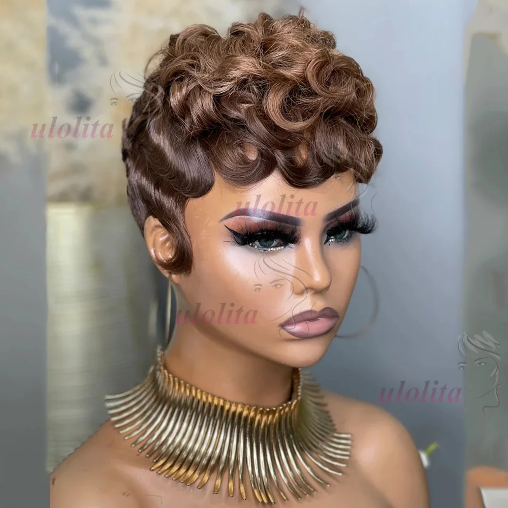 Lockige, kurze Pixie-Cut-Perücken für Frauen aus Echthaar in Schokoladenbraun # 4 farbige, vollständig maschinell gefertigte Perücken, Bob-Perücke, peruanische Haarperücken – Detail 4