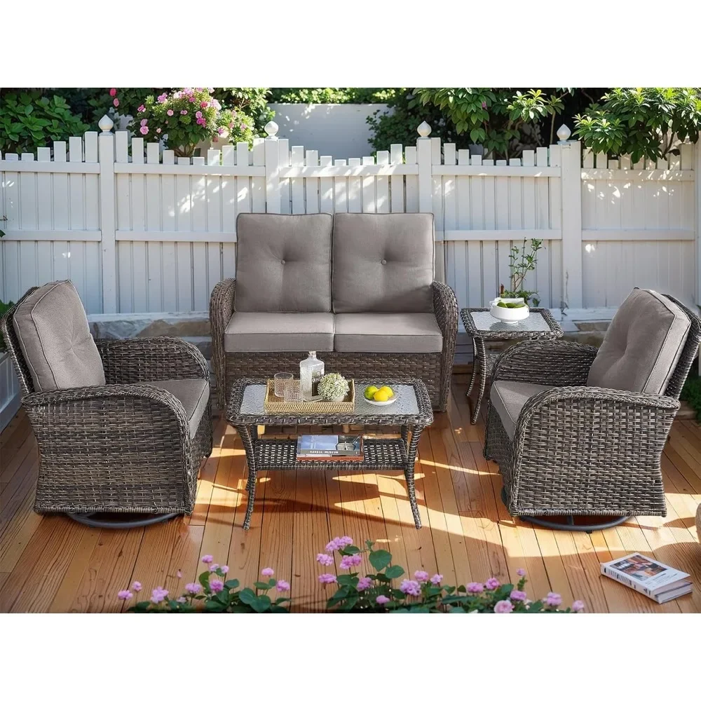 5 Piece Patio Furniture Wicker Outdoor Conversation Set, All Day Rattan Swivel Chair Bistro Set with Coffee Table, For Backyard