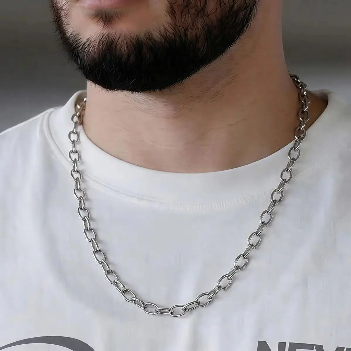 Necklace for man Stainless Steel D-Shape Link Chain Non-Tarnish Half Round Necklace, Waterproof Minimalist Hip Hop Jewelry