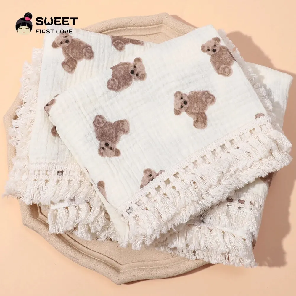 Cute Bear Wrap Baby Newborn Cartoon Warm Wrap Soft Cuddly Double Layer Cotton Yarn Bear Printed Baby Blanket Swaddle Bath Towel