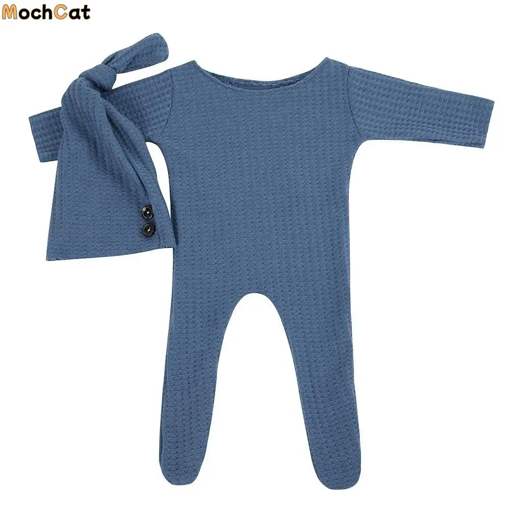 

2Pcs/Set Creative Newborn Photography Props Footed Crochet Knit Newborn Photoshoot Outfit Solid Color Long Tailed Hat