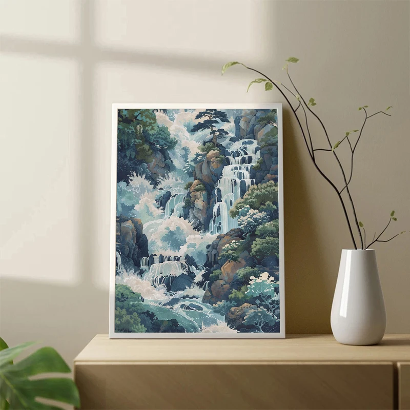 Hokusai Ukiyo-e Blue Green Japanese Waterfall Canvas Poster Vintage Asian Landscape Wall Art for Living Room Home Decor