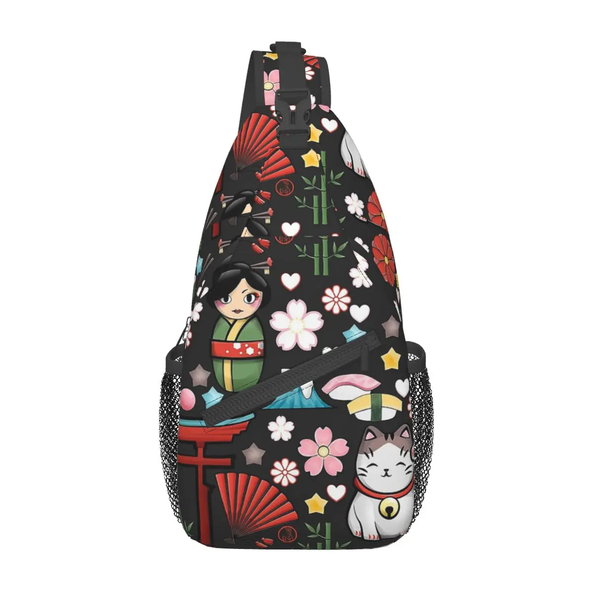 Maneki Neko Lucky Cat Sling Bag Borst Crossbody Schouderrugzak Wandelen Reizen Daypacks Kokeshi Kawaii Casual Pack