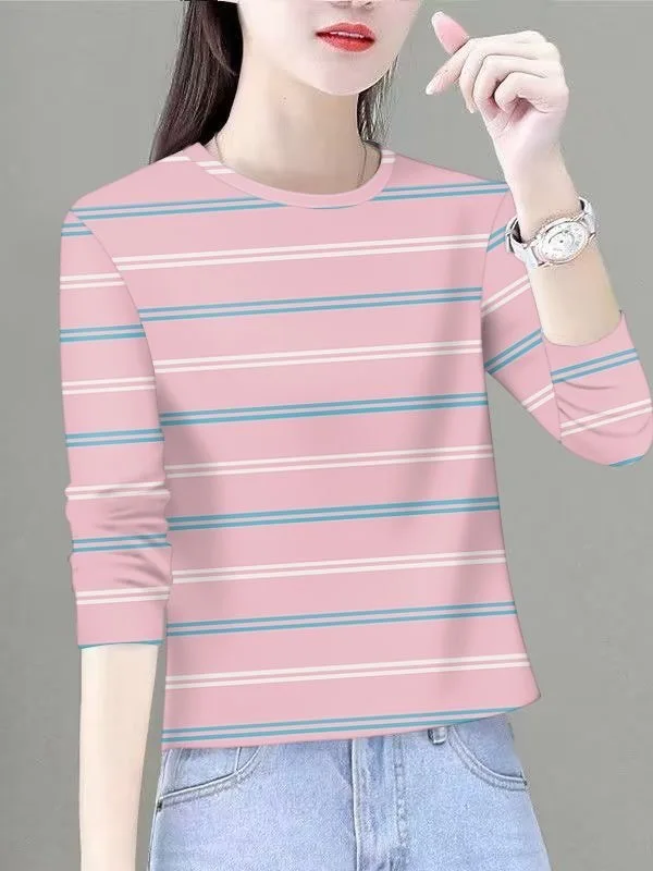 

Elegant Striped Long Sleeve round Neck T-Shirt Women's Casual Loose Fit Polyester Fiber Print Casual Wear Summer Top