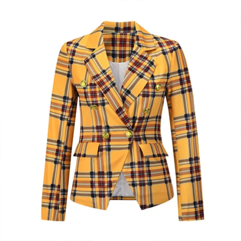 Plaid Blazer Jacke 2022 Herbst Frühling Frauen Kurze Mantel Langarm Slim Fit Kerb Kragen Elegante Büro Anzug Mantel Mit botton