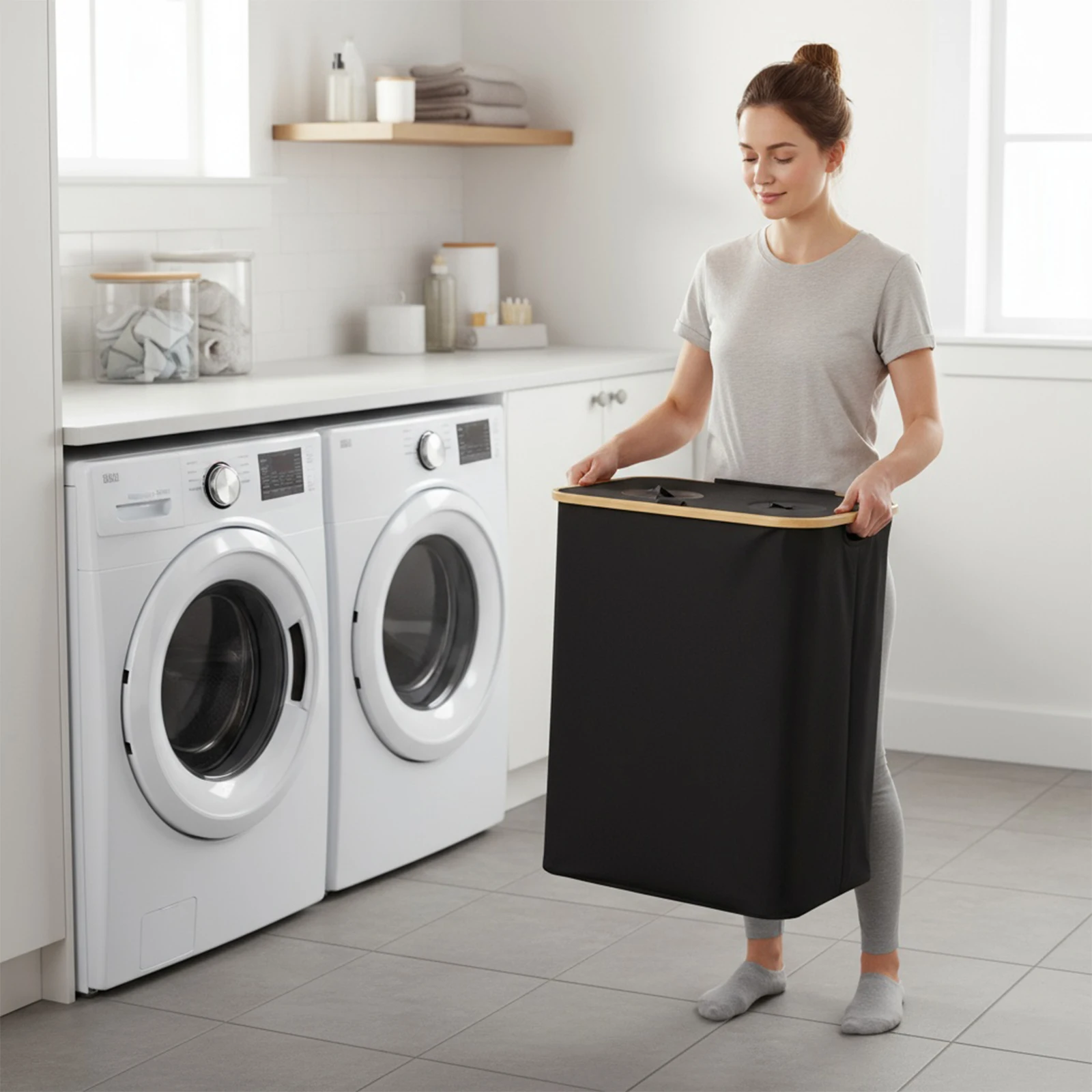 140L طوي أكسفورد 2 أقسام سلة الغسيل يعوق مع غطاء سلة التخزين الملابس يعوق لغرفة النوم الحمام غرفة الغسيل