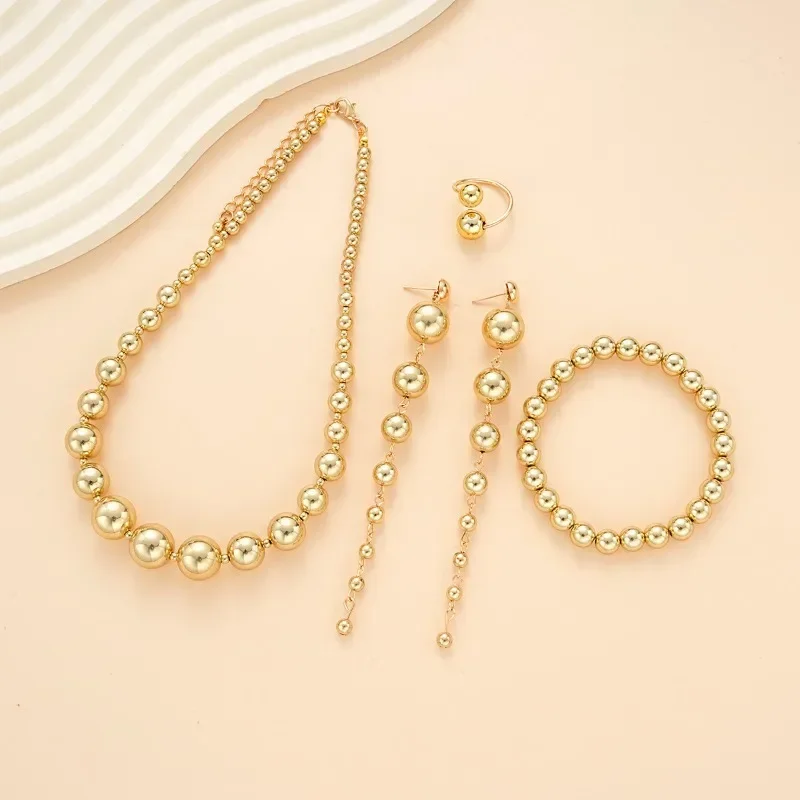 Big Alloy-plated Golden Color Round Beaded Necklace Earrings Bracelet Ring Luxury Simple Jewelry Sets Women 2024 Trendy