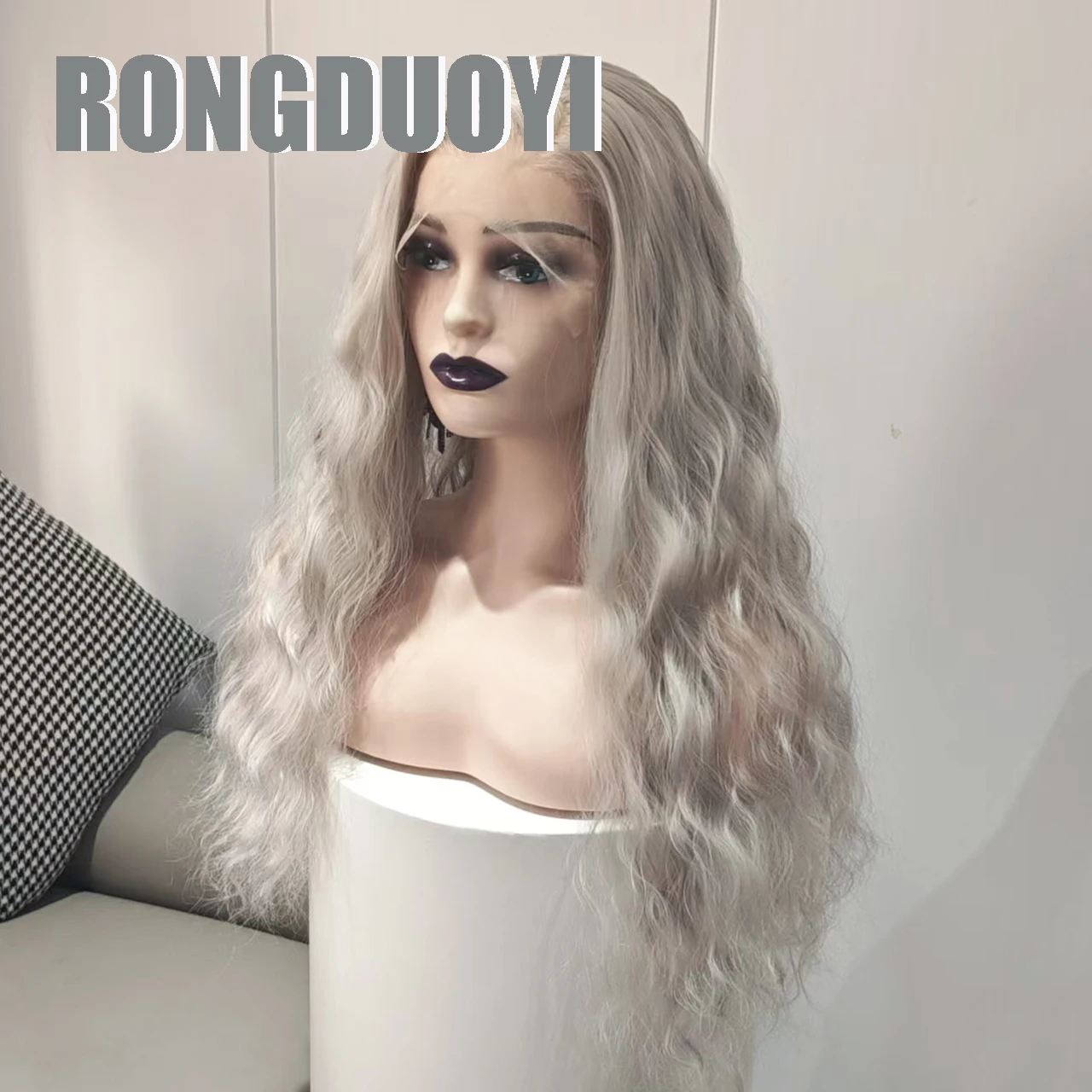 RONGDUOYI Silver Grey Synthetic Wig Loose Wave Light Grey Hair Heat Fiber Free Part Lace Front Wigs for Women Cosplay Makeup Use