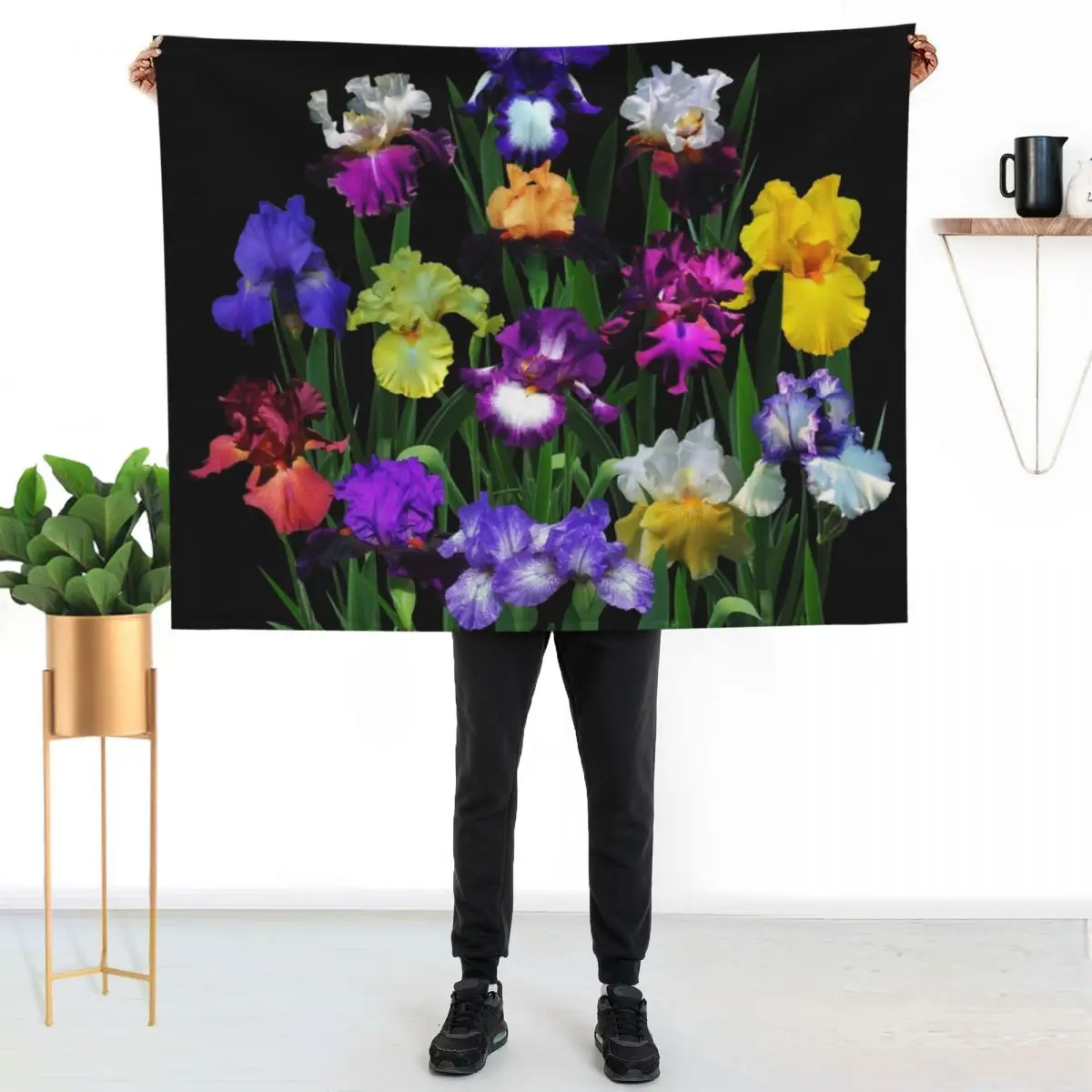 Iris Garden On Black Throw Blanket Foldable Soft Warm Blanket for Outdoor Use