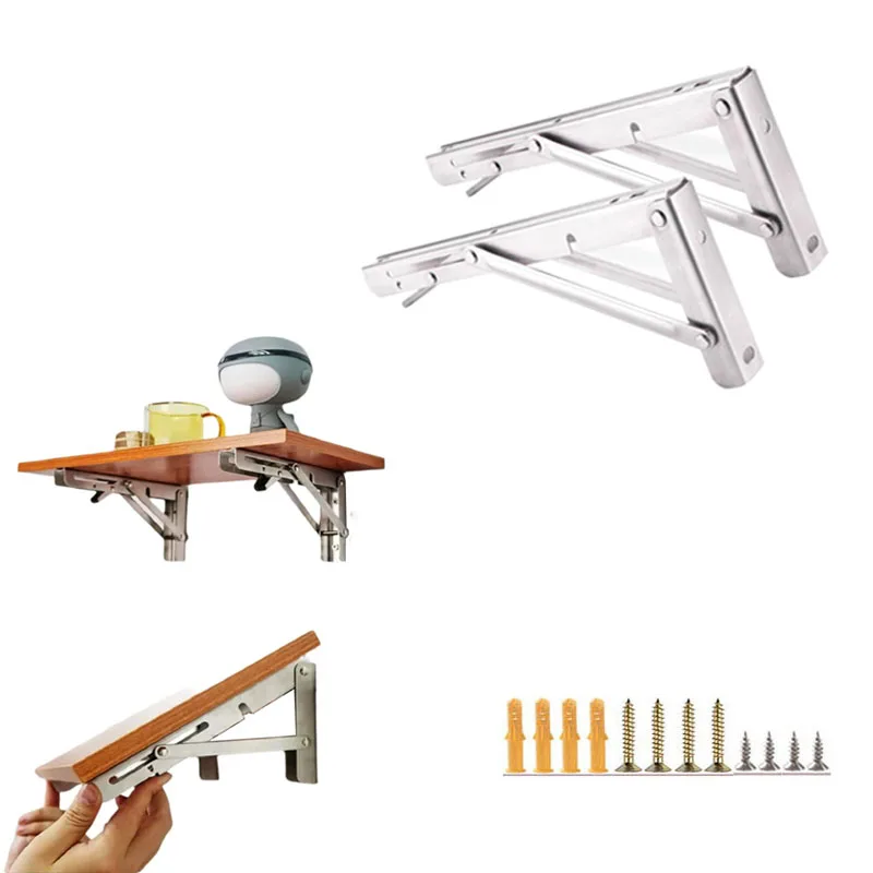 6'' Folding Shelf Bracket Save Space Wall Mounted Collapsible Table Bracket Stainless Steel Triangle Folding Angle Shelf Bracket