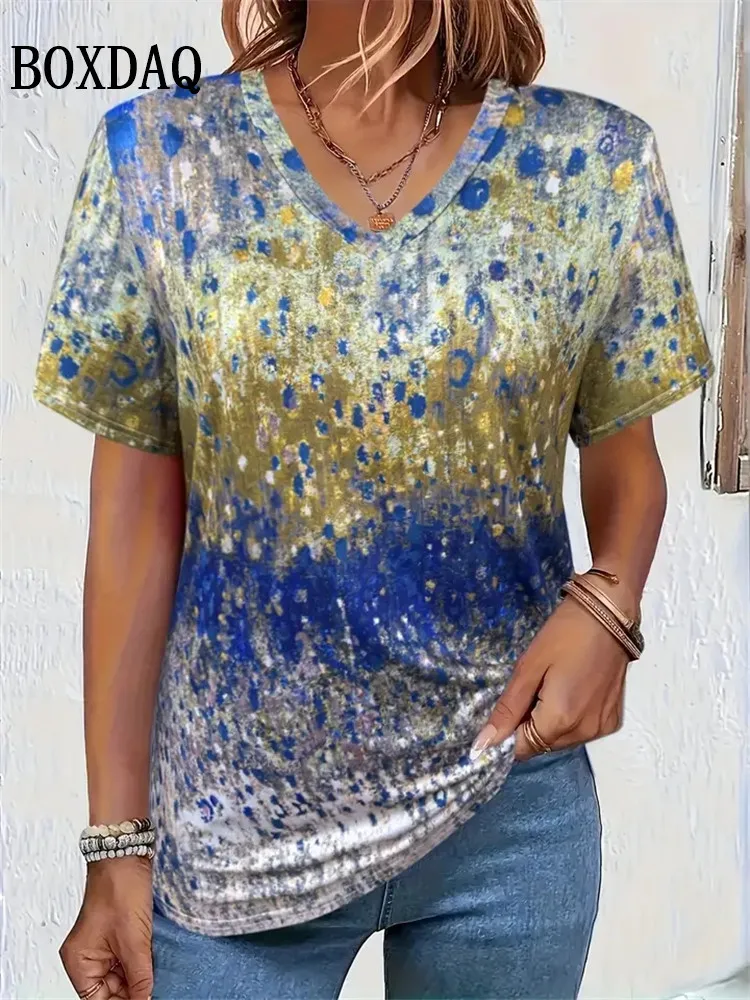 Summer Women Plus Size T Shirts 8XL Large Size Tops Casual V-Neck Short Sleeeve Loose Shirts Vintage Tie Dye Print Pullover Tops