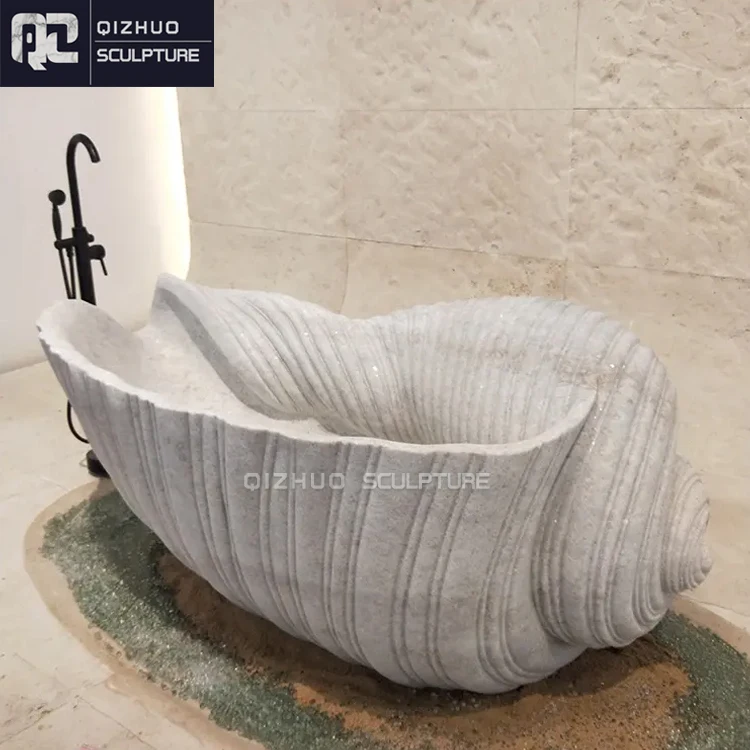 Luxury Stone Baths,Factory Price Indoor Home Hand Carved Marble Luxury White Natural Stone   Standing Shell Conch Shape Batht