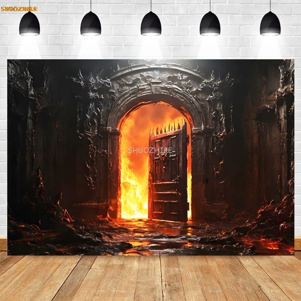 

Hell Gate Hellfire Halloween Photo Background Fire Burning Flame Heaven Hell Scary Halloween Party Photography Backdrop Decor