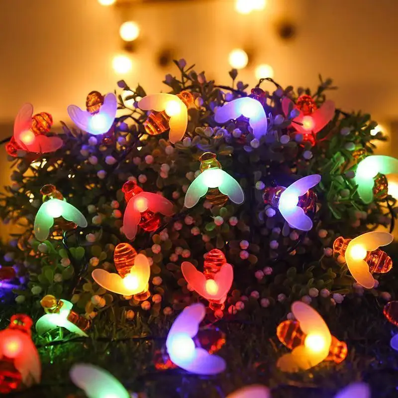 Solar Bee LED String Lights Outdoor Holiday Party Lighting Night Lamp for Garden Tree Fence Balcony Christmas Wedding Decoration