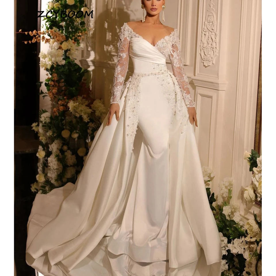 Customized Elegant White O-Neck Long Sleeves Pearls Wedding Dresses 2025  Mermaid Floor Length Sweep Train Appliques Satin Brida