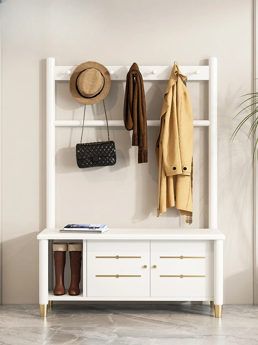 Modern simple white door solid wood coat rack Italian light luxury door stool can sit on the integrated hanger