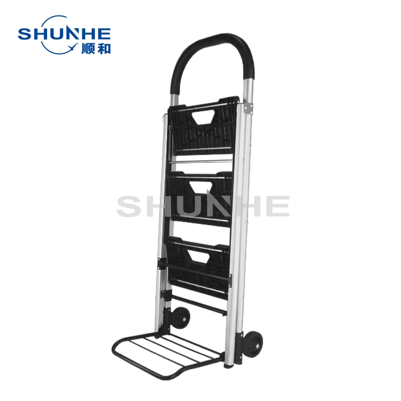 FW-71 Collapsible 3-Step Ladder with 4-in-1 Platform Hand Cart Iron & PP Materials Two-Wheel Foldable Aluminum Ladder