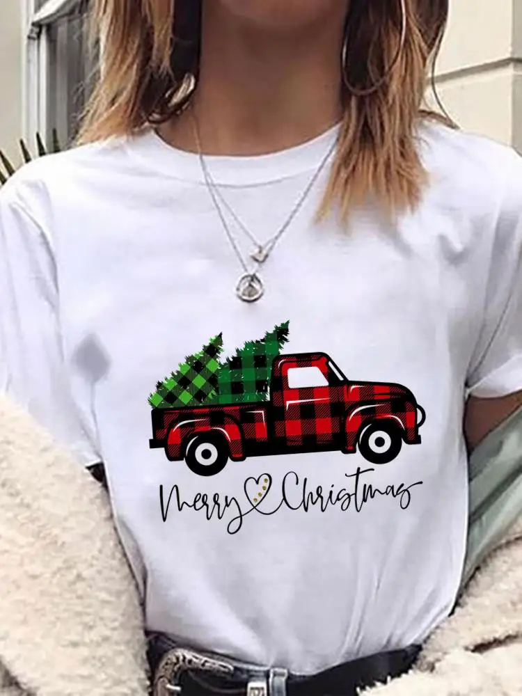 

Plaid Truck Letter Trend 90s Holiday Christmas Tee Women Top Clothes T Shirt Printed Fashion New Year Clothing Graphic T-shirts