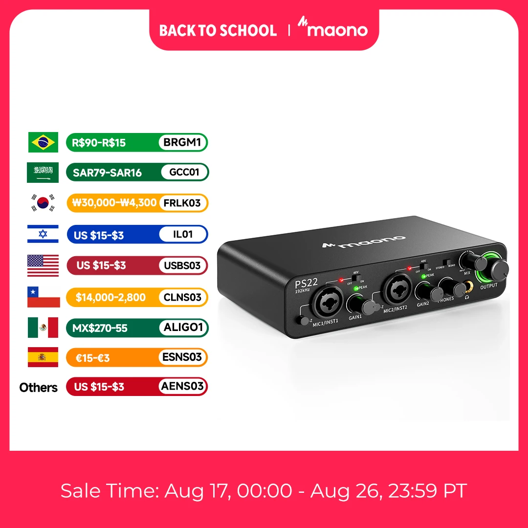 MAONO-PS22 USB-Audio-Interface für PC,60dB Pro-Preamp, 24Bit 192kHz,Dual-USB-Schnitts telle für PC und Smartphone, Routing-Software für Heimaufnahmen, Musikproduktion, Gitarre, Podcast, Streaming