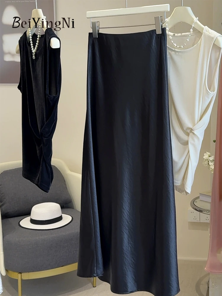 Beiyingni 2025 Jesień Zima Damskie Satynowe Długie Spódnice Eleganckie Luksusowe Codzienne Dopasowane Francuskie Biurowe Spódnice Syreny Ubrania
