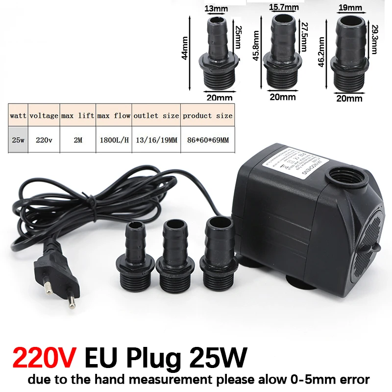 AC 220V 16W 25W Submersible Water Pump Ligh Aquarium Fountain Air Fish Pond Tank Water Pump Supply EU Plug 800L/H view 3