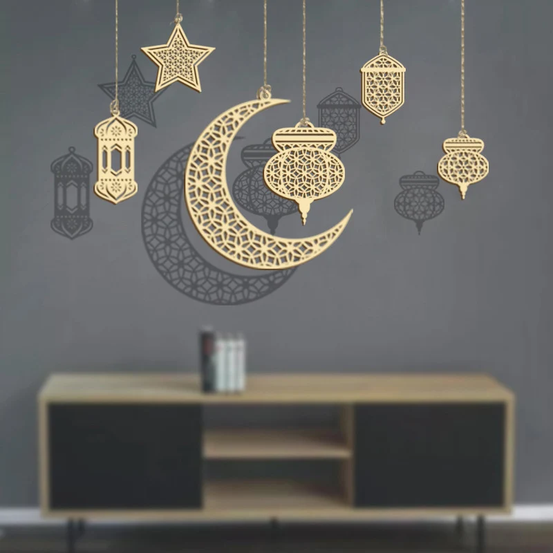 Wooden Pendant Ornament Ramadan Kareem Hollow Decoration Moon Star Shape Pendant Happy Eid Mubarak Hanging Sign Islamic Muslim