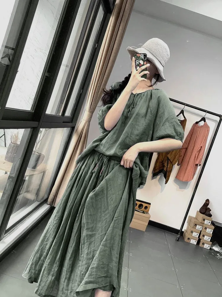 Oversized Summer 2 Two Piece Set Women Casual Fashion Ladies Blouses Elastic High Waist Ruffle Pleated Woman Long Skirts