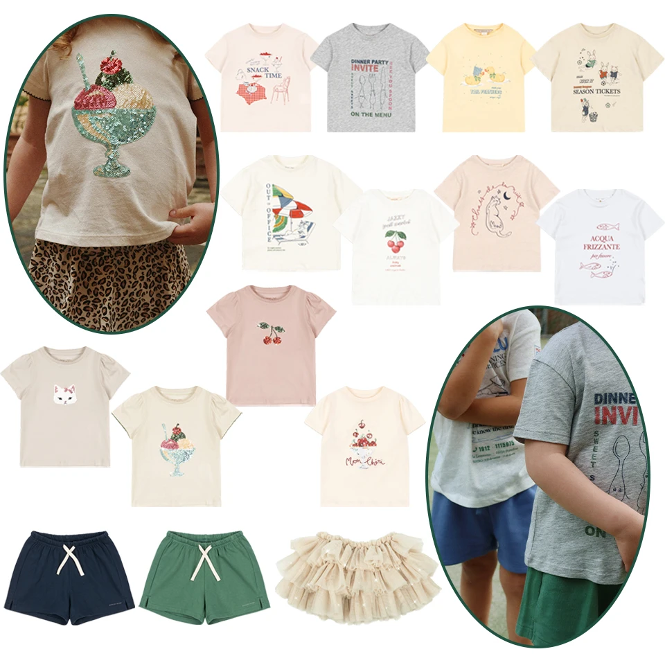 26 Summer KS Kids Boys Cotton Tee Cartoon Print T-shirts Outfit Girls Cute Sequin T Shirts Tops Skirt Children Shorts Clothes