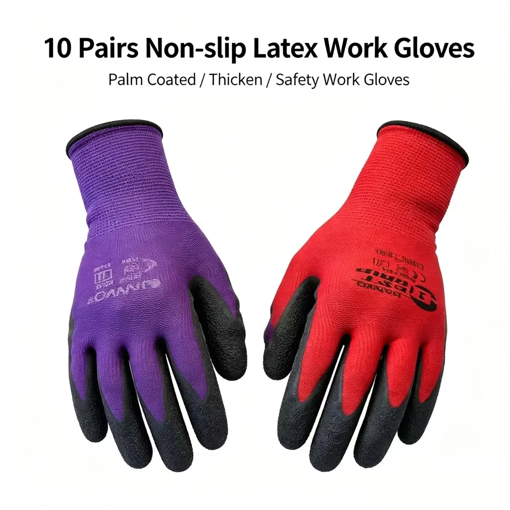 10 Pairs Latex Palm Coated Work Gloves Non‑Slip Thicken Safety Gloves for Garden Mechanic Construction
