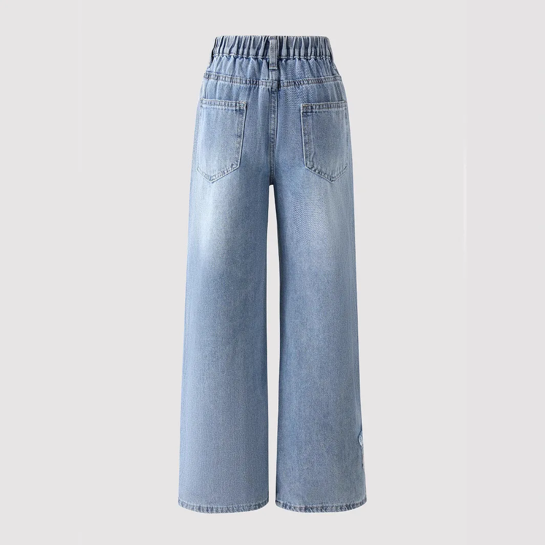 Girls Washed Wide Leg Jeans Kids Loose Trousers Stars Daily Casual Outerwear Elastic Waist Denim Pant Y2k Streetwear 2026 Summer