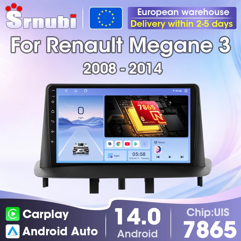 Srnubi Wireless Carplay Android Auto GPS Navigation Multimedia Video Player Car Radio 9 inch For Renault Megane 3 Fluence 2008-2014, 2 Din Head Unit with QLED Screen Support SWC, 8-Core UIS7865 DSP Bluetooth 5.4