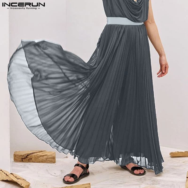

INCERUN Summer Fashion Wide Leg Pants Men Pant Streetwear Pleated Loose Long Trousers Oversize Solid Color Men's Clothing S-5XL