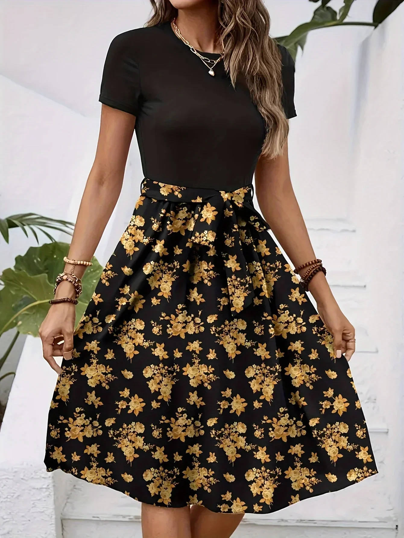 حجم كبير 1XL-5XL المرأة العصرية الجديدة أنيقة الجولة الرقبة الأزهار فستان مُزين بطباعة سيدة ألف خط تنورة طويلة مناسبة للتنقل