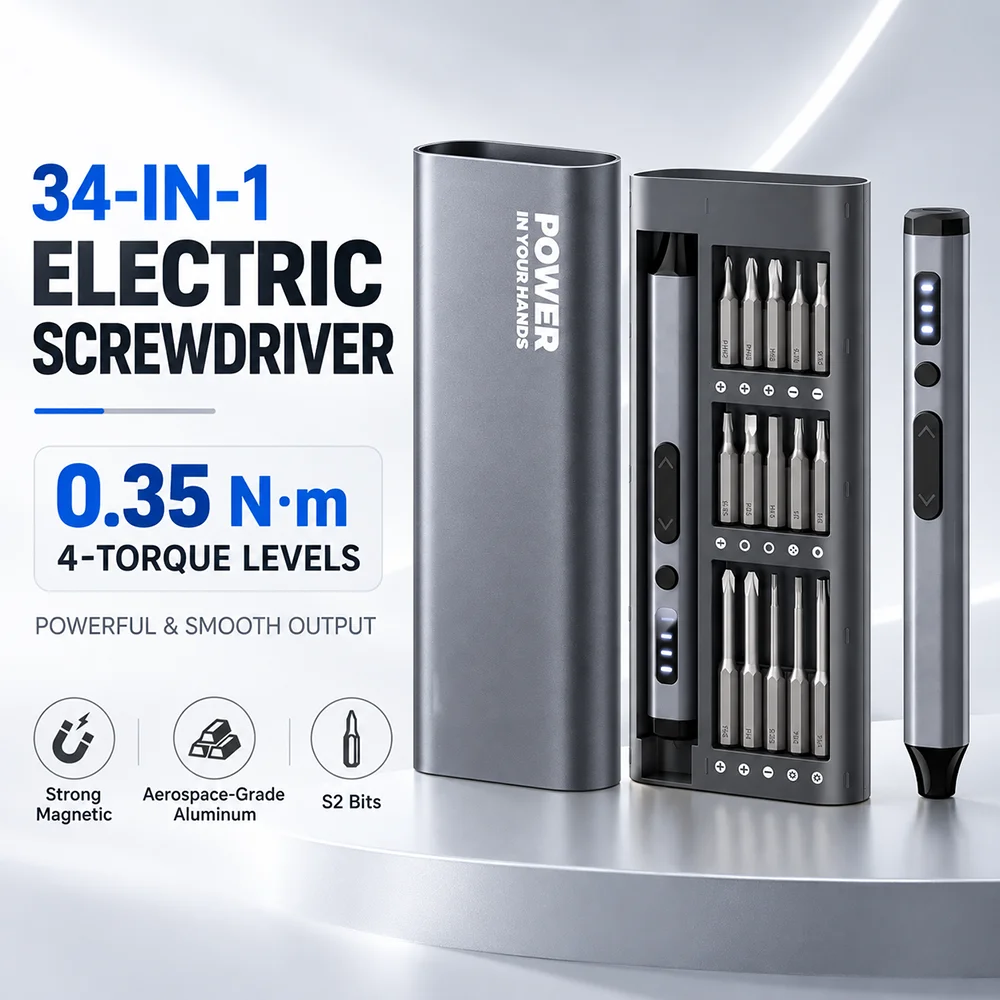34-in-1 Cordless Electric Screwdriver 0.35N.m 4-Speed Adjustable Torque Strong Magnetic Aluminum Alloy Planetary Gear S2 Bits