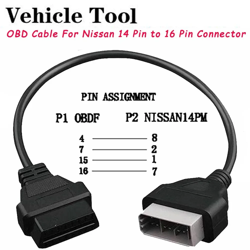 40cm OBD Cable For Nissan 14 Pin Male To 16 Pin Female OBD2 OBDII DLC 16 Pin Diagnostic Tool Adapter Extension Connector Cable