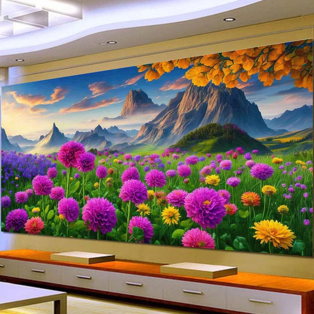 Large Size Wild Flowers Field Diamond Painting New 2024 Diy Full Square Round Diamond Mosaic Embroidery Mountain Home Decor