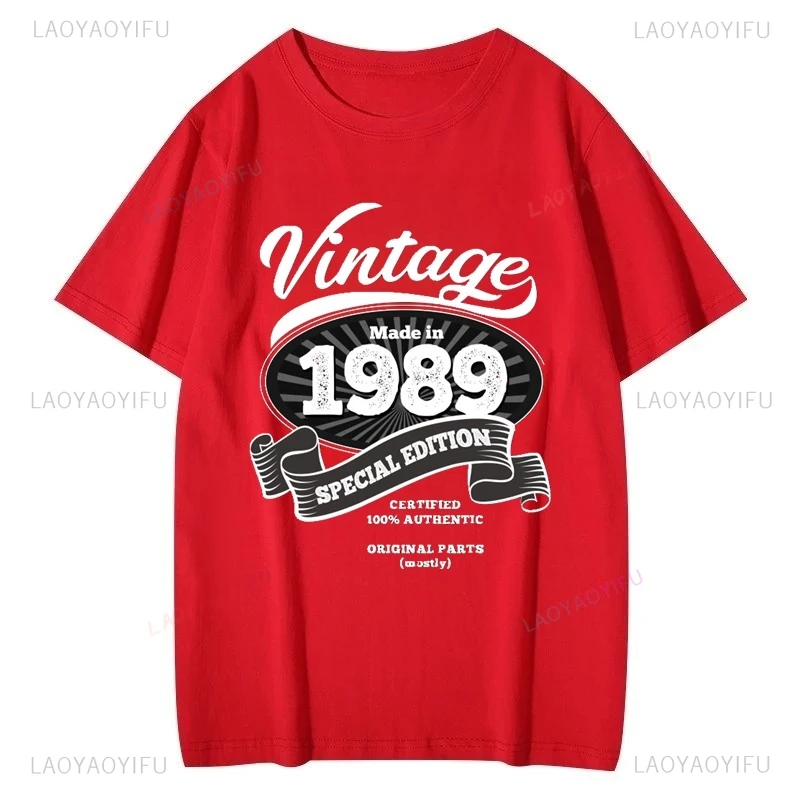 هدية تذكارية لعيد ميلاد 1989، بلوزة منقوشة على الطراز العتيق، قميص بأكمام قصيرة للجنسين، تي شيرت قطني للشارع اليومي