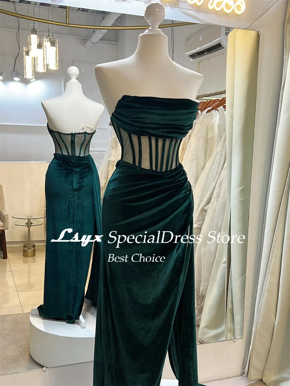 LSYX Strapless Velour Bainha Vestidos de Noite, Formal High Side Slit, mangas Vestidos Festa Prom, Arábia Saudita